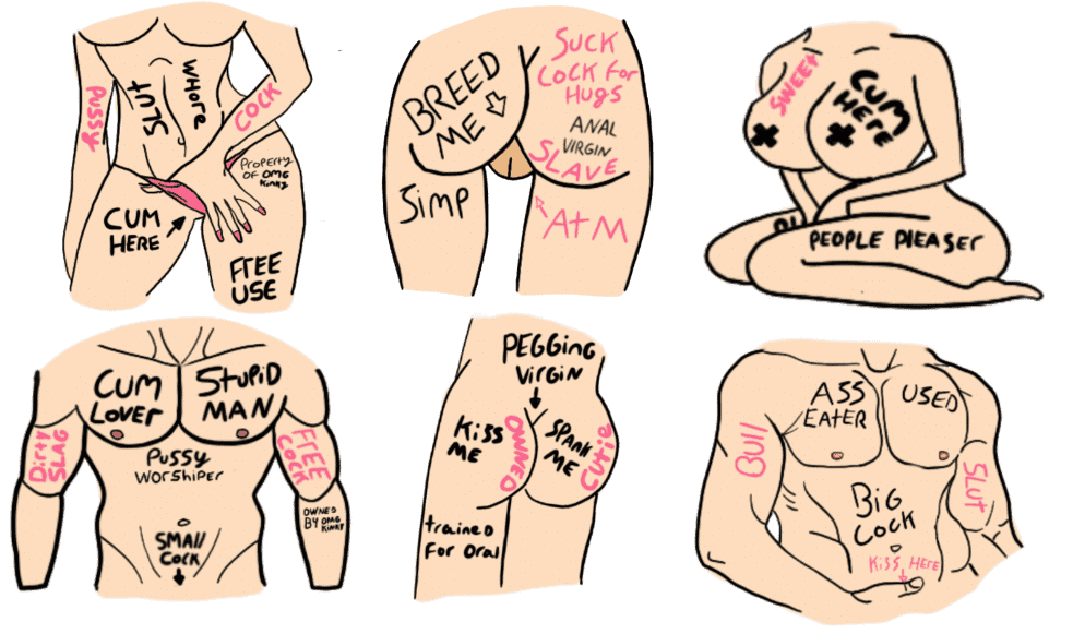 OMGkinky.com, bdsm writing on body