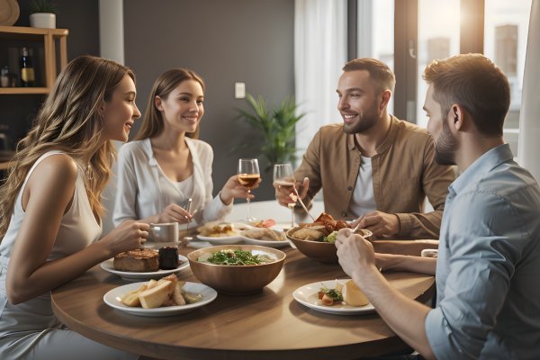 Two couple having dinner together.