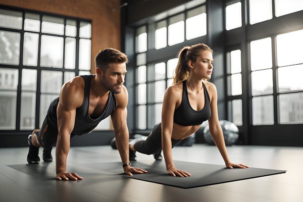 A couple works out together.