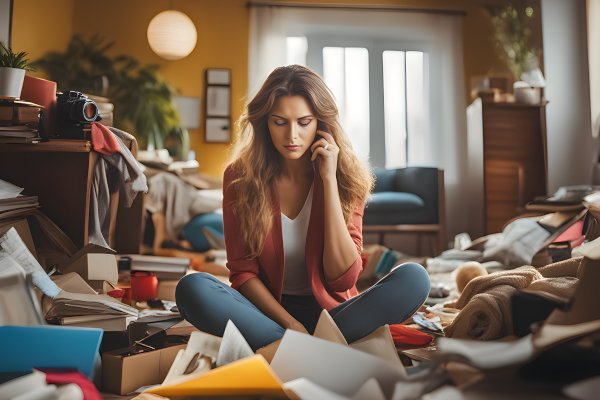 In the messy room, a woman looked very stressed.