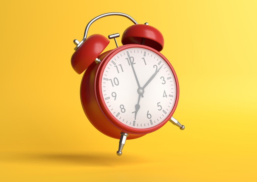 Red retro alarm clock falling on the floor with pale yellow background. Minimal creative concept. 3D rendering illustration