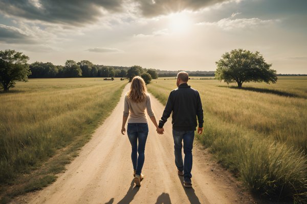 A couple walking hand in hand on a country road