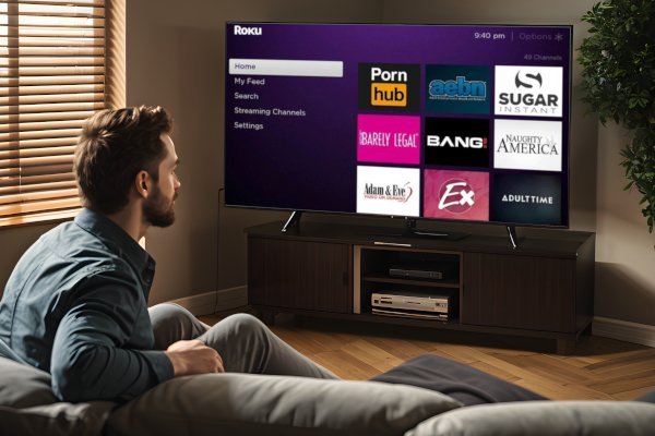 A man selects a pornographic channel on TV