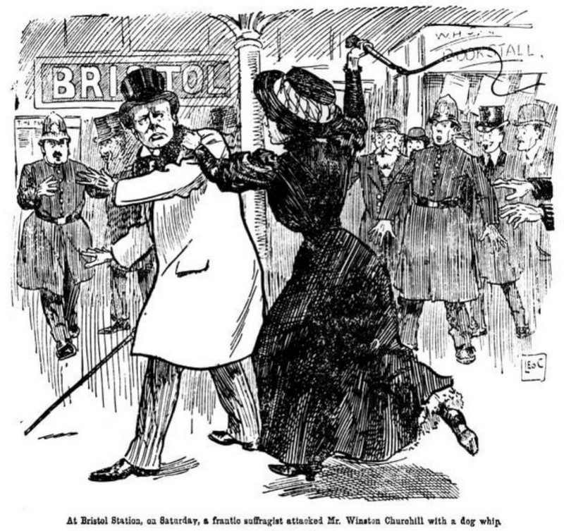 Engraving of Winston Churchill being whipped by a well-dressed lady