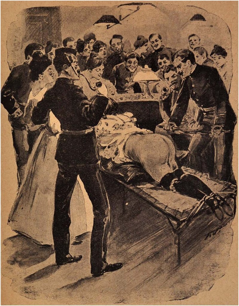 Woman tied to spanking bench for birch punishment